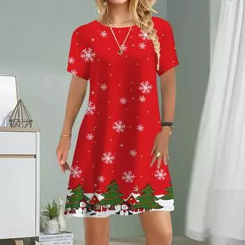 Женское повседневное платье Летние рождественские платья с принтом для женщин Платье с круглым вырезом и коротким рукавом Плюс Размер XS красный