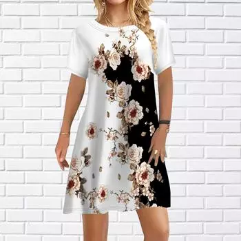 Женское повседневное платье, летние розовые платья с цветочным принтом для женщин, платье с коротким рукавом и круглым вырезом, большие размеры XS красный