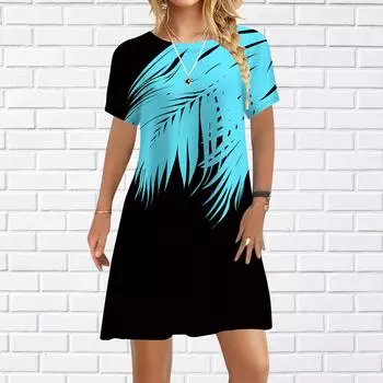 Женское повседневное платье, летние розовые платья с цветочным принтом для женщин, платье с коротким рукавом и круглым вырезом, большие размеры XS синий