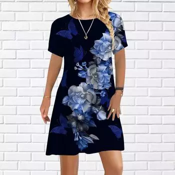 Женское повседневное платье, летние розовые платья с принтом цветов сливы для женщин, платье с коротким рукавом и круглым вырезом, большие размеры XS темно-синий