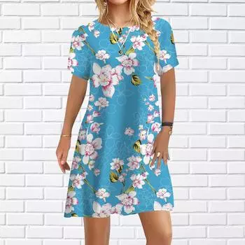 Женское повседневное платье, летние розовые платья с принтом лепестков для женщин, платье с коротким рукавом и круглым вырезом, большие размеры S розовый