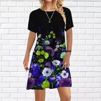 Женское повседневное платье, летние синие платья с принтом ромашки для женщин, платье с коротким рукавом и круглым вырезом, большие размеры XS красный