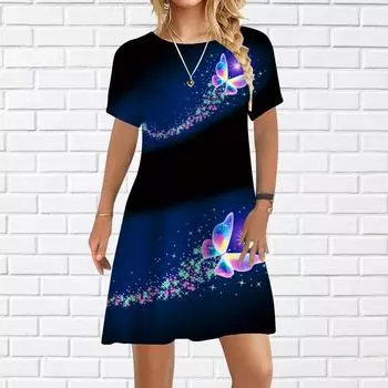 Женское повседневное платье, летние темно-синие платья с принтом бабочки для женщин, платье с коротким рукавом и круглым вырезом, большие размеры XS фиолетовый