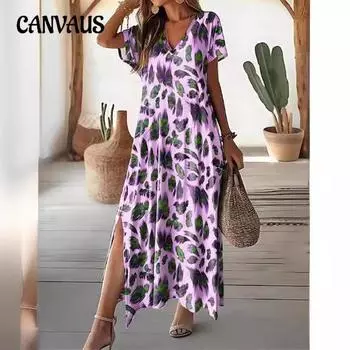 Женское повседневное платье, летние уличные платья с V-образным вырезом и коротким рукавом с принтом