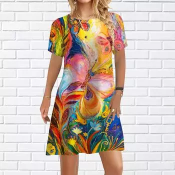 Женское повседневное платье, летние желтые платья с принтом бабочки для женщин, платье с коротким рукавом и круглым вырезом, большие размеры XS жёлтый