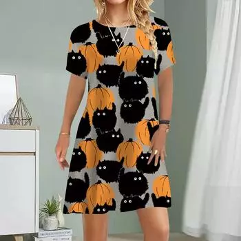 Женское повседневное платье Лето Угольный шар Кошка Принт Платья Для Женщин О-образным Вырезом Короткие Рукава Платье Плюс Размер XS чёрный