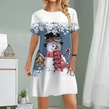 Женское повседневное платье Лето Зима Снеговик Принт Платья Для Женщин О-образным Вырезом Короткий Рукав Платье Плюс Размер XS красный