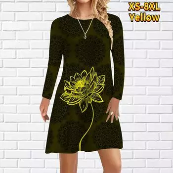 Женское повседневное платье Line Lotus Print Dresses для женщин O-neck Short Sleeve Dress Plus Size XS чёрный