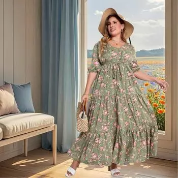 Женское повседневное платье макси большого размера с V-образным вырезом, короткими рукавами-фонариками и цветочным принтом XXL армия зеленый