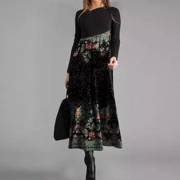 Женское повседневное платье макси с длинным рукавом и принтом в стиле бохо L чёрный