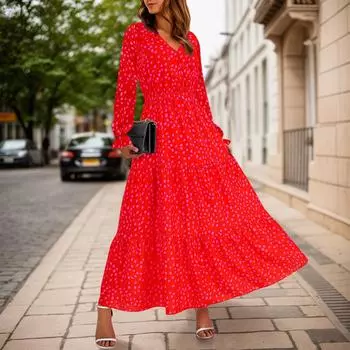 Женское повседневное платье макси с длинным рукавом и V-образным вырезом в богемном стиле для свадебного гостя XL красный