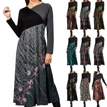 Женское повседневное платье макси с длинным рукавом и принтом в стиле бохо L чёрный