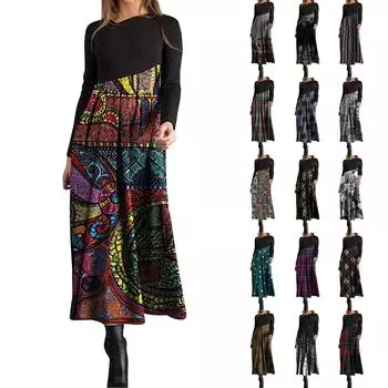 Женское повседневное платье макси с длинным рукавом и принтом в стиле бохо L чёрный