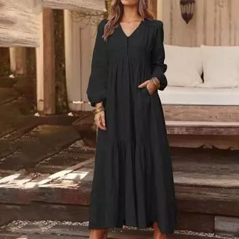 Женское повседневное платье макси с длинными рукавами, свободное многослойное платье с V-образным вырезом на пуговицах и высокой талией L чёрный
