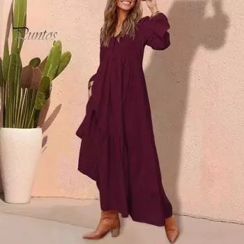 Женское повседневное платье макси с v-образным вырезом, свободное плиссированное платье трапециевидной формы, с длинными рукавами, хлопковое льняное платье в стиле ретро для работы, уличного отдыха 2XL абрикосовый