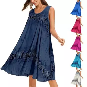 Женское повседневное платье миди без рукавов с цветочным принтом больших размеров, пляжный свободный сарафан S синий