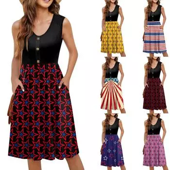 Женское повседневное платье-миди без рукавов свободного покроя с принтом «День независимости» с пуговицами и карманами XL