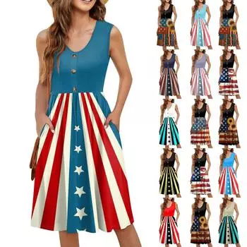 Женское повседневное платье-миди без рукавов свободного покроя с принтом «День независимости» с пуговицами и карманами M