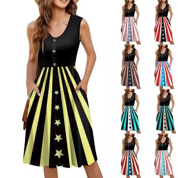 Женское повседневное платье-миди без рукавов свободного покроя с принтом «День независимости» с пуговицами и карманами L чёрный