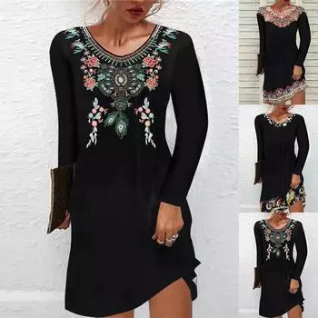 Женское повседневное платье миди с длинным рукавом с цветочным принтом