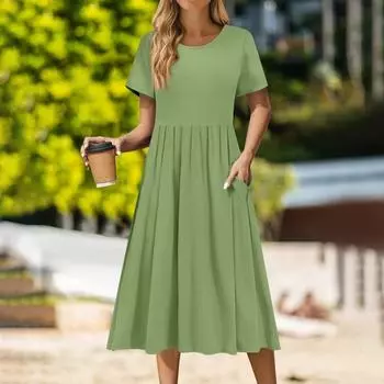 Женское повседневное платье миди с круглым вырезом, классическое повседневное платье с коротким рукавом свободного кроя L армия зеленый