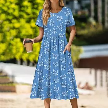 Женское повседневное платье миди с круглым вырезом и принтом, классическое повседневное свободное платье с коротким рукавом, летнее L синий