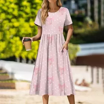 Женское повседневное платье миди с круглым вырезом и принтом, классическое повседневное свободное платье с коротким рукавом, летнее L горячий розовый