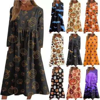 Женское повседневное платье-миди с круглым вырезом и принтом на Хэллоуин, карманные платья с длинными рукавами L бежевый