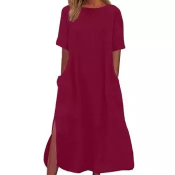 Женское повседневное платье миди с круглым вырезом и короткими рукавами, карманами с разрезом по бокам, длинное платье, однотонное, свободное покрой, тонкое повседневное платье 2XL армия зеленый
