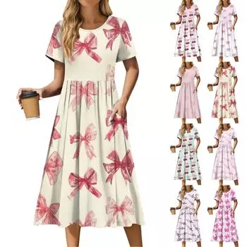 Женское повседневное платье миди с круглым вырезом и принтом, классическое повседневное свободное платье с коротким рукавом, летнее XXXL бежевый