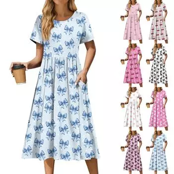 Женское повседневное платье миди с круглым вырезом и принтом, классическое повседневное свободное платье с коротким рукавом, летнее S