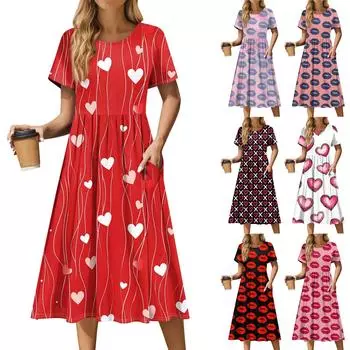 Женское повседневное платье миди с круглым вырезом на День святого Валентина, классическое повседневное свободное платье с коротким рукавом XXL