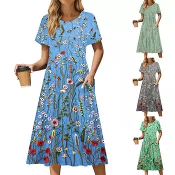 Женское повседневное платье миди с круглым вырезом и принтом, классическое повседневное свободное платье с коротким рукавом, летнее S синий