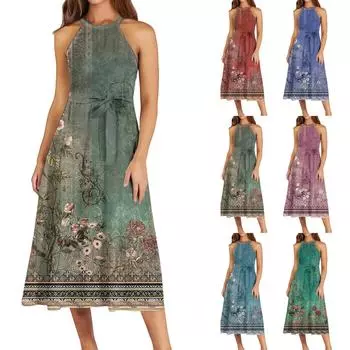Женское повседневное платье миди с круглым вырезом, классическое, повседневное, без рукавов, свободное платье в стиле бохо с завязками, летний пляжный сарафан L армия зеленый