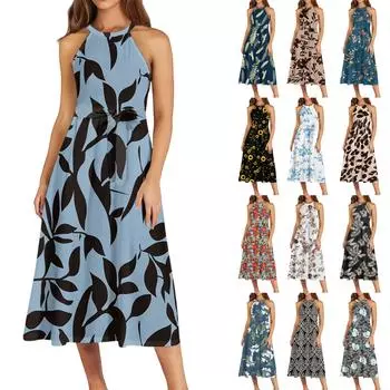 Женское повседневное платье миди с круглым вырезом, классическое, повседневное, без рукавов, свободное платье в стиле бохо с завязками, летний пляжный сарафан L бежевый