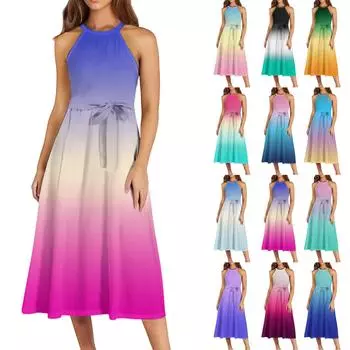 Женское повседневное платье миди с круглым вырезом, классическое, повседневное, без рукавов, свободное платье в стиле бохо с завязками, летний пляжный сарафан XXL