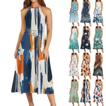 Женское повседневное платье миди с круглым вырезом, классическое, повседневное, без рукавов, свободное платье в стиле бохо с завязками, летний пляжный сарафан L чёрный