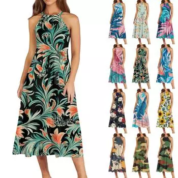 Женское повседневное платье миди с круглым вырезом, классическое, повседневное, без рукавов, свободное платье в стиле бохо с завязками, летний пляжный сарафан L армия зеленый