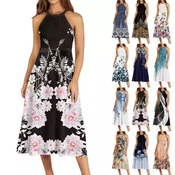 Женское повседневное платье миди с круглым вырезом, классическое, повседневное, без рукавов, свободное платье в стиле бохо с завязками, летний пляжный сарафан L бежевый