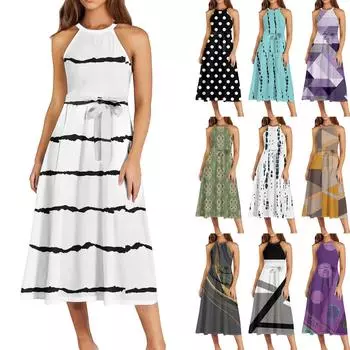 Женское повседневное платье миди с круглым вырезом, классическое, повседневное, без рукавов, свободное платье в стиле бохо с завязками, летний пляжный сарафан L армия зеленый