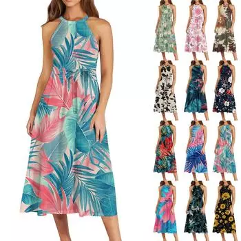 Женское повседневное платье миди с круглым вырезом, классическое, повседневное, без рукавов, свободное платье в стиле бохо с завязками, летний пляжный сарафан L армия зеленый