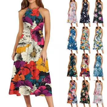 Женское повседневное платье миди с круглым вырезом, классическое, повседневное, без рукавов, свободное платье в стиле бохо с завязками, летний пляжный сарафан L армия зеленый