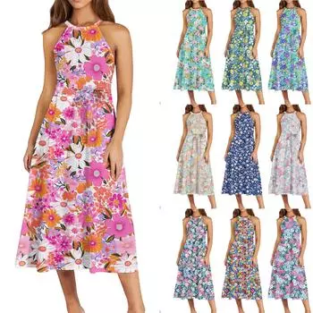 Женское повседневное платье миди с круглым вырезом, классическое, повседневное, без рукавов, свободное платье в стиле бохо с завязками, летний пляжный сарафан L синий