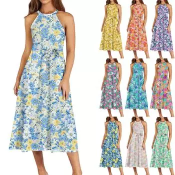 Женское повседневное платье миди с круглым вырезом, классическое, повседневное, без рукавов, свободное платье в стиле бохо с завязками, летний пляжный сарафан L синий