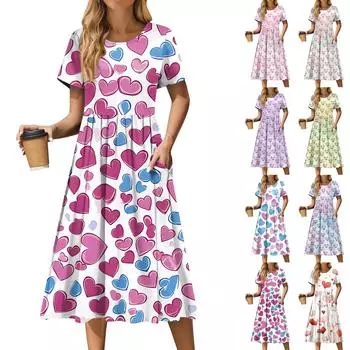 Женское повседневное платье миди с круглым вырезом на День святого Валентина, классическое повседневное свободное платье с коротким рукавом XL