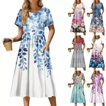 Женское повседневное платье миди с милым рисунком и круглым вырезом, классическое повседневное свободное платье с коротким рукавом XXXL розовый