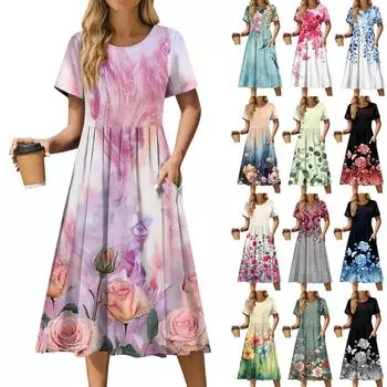Женское повседневное платье миди с милым рисунком и круглым вырезом, классическое повседневное свободное платье с коротким рукавом XXL
