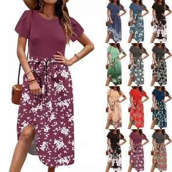 Женское повседневное платье миди с милым узором и круглым вырезом, классическое повседневное свободное платье с коротким рукавом L чёрный