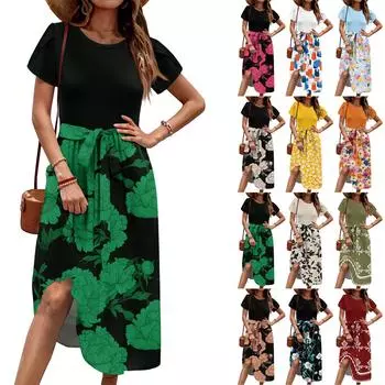 Женское повседневное платье миди с милым узором и круглым вырезом, классическое повседневное свободное платье с коротким рукавом L армия зеленый