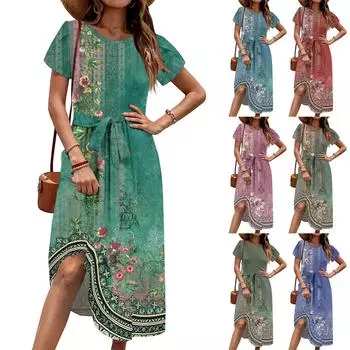 Женское повседневное платье миди с милым узором и круглым вырезом, классическое повседневное свободное платье с коротким рукавом XXL винный